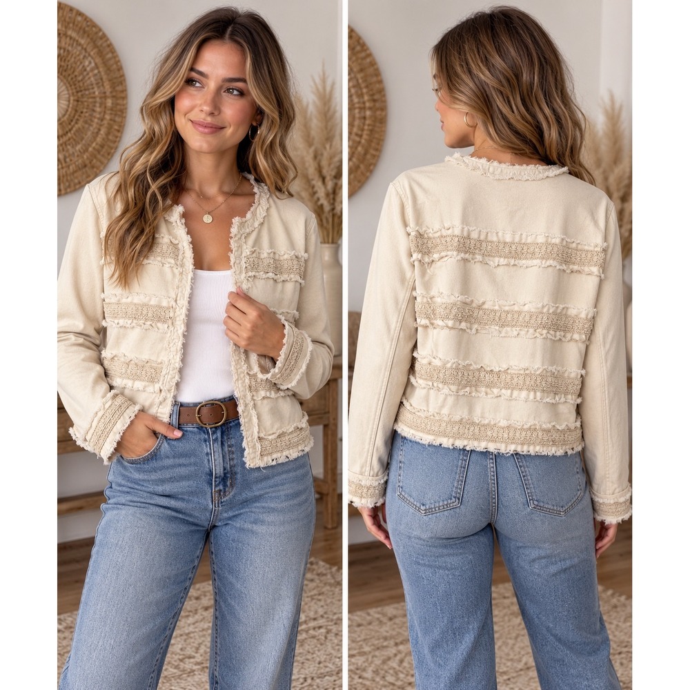 Liverpool Los Angeles XL Cream Frayed Trim Hook & Eye Cropped Jacket